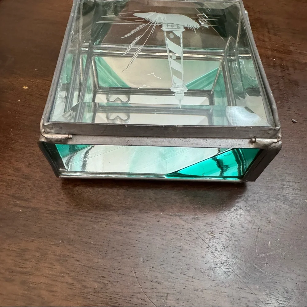 Vintage Light House Leaded Jewelry Trinket Box Etched Stained Glass with Mirror